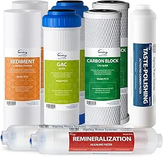 iSpring F9K 1-letni zestaw wkładów wymiennych do filtrów wody z odwróconą osmozą do 6-stopniowych alkalicznych systemów filtracji mineralnej RO, bez membrany, biały