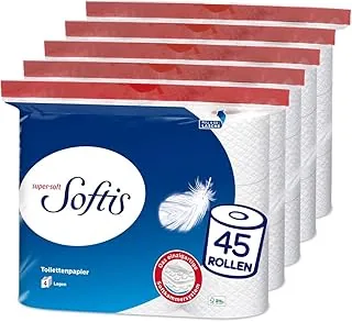 Softis 4-warstwowy papier toaletowy, opakowanie 45 rolek (5 x 9 pojedynczych opakowań), 100 arkuszy na rolkę, jedyny w swoim rodzaju system miękkich komór | opakowanie nadające się do recyklingu | papier z certyfikatem FSC