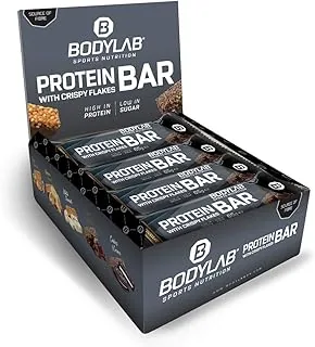 Bodylab24 Crispy Protein Bar 12 x 65 g, baton proteinowy z zawartością 27 g białka, przekąska o niskiej zawartości cukru, z błonnikiem, chrupiąca czekolada