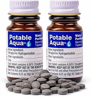 Potable Aqua Tabletki do oczyszczania wody, przenośne i skuteczne rozwiązanie do oczyszczania wody na kemping, wędrówki, sytuacje awaryjne, klęski żywiołowe i podróże międzynarodowe, dwie butelki