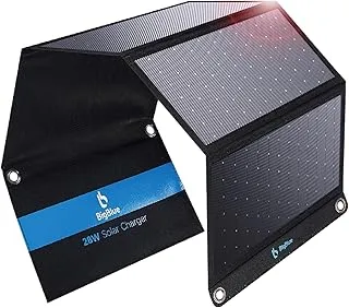 BigBlue 28 W składana ładowarka solarna z 2 USB-C + 1 USB-A (5 V/4,8 A łącznie) przenośny i wodoodporny IP44 panel słoneczny + 4 stalowe haki Kompatybilna z iPhone 15/14/13/12, iPad, Samsung Galaxy