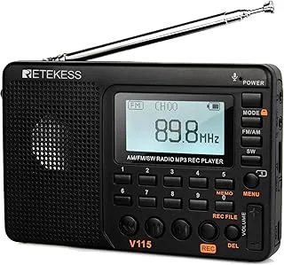 Retekess V115 Przenośne Radio, FM/AM/SW Mini Radio, Bass Sound, Odtwarzacz MP3, Rec Voice Recorder do Podróży,Gniazdo Słuchawkowe,Timer snu,Podświetlenie LCD(Czarny)