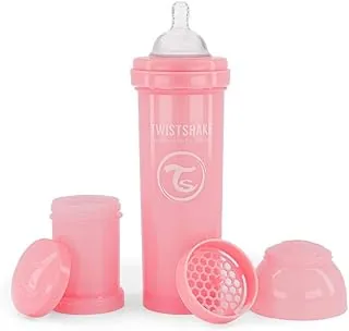 Twistshake Butelka Antykolkowa dla Niemowląt z Pojemnikiem na Mleko w Proszku i Mikserem - 330ml | Szybki Silikonowy Sutek Przypominający Pierś | Butelka Mleka dla Niemowląt bez BPA | Jasnoróżowy