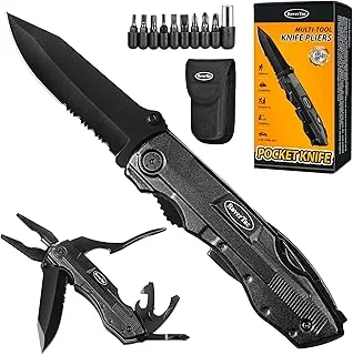 RoverTac Multitool scyzoryk dla mężczyzn, prezent: składany nóż survivalowy, nóż kempingowy, szczypce, otwieracz do puszek, zestaw 9 śrubokrętów, z zamkiem zabezpieczającym, nylonowa pochwa, prezent
