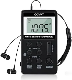 Przenośne radio AM/FM, Covvy, cyfrowe mini radio z 500 mAh 3,7 V z akumulatorem wielokrotnego ładowania i słuchawkami (czarne)