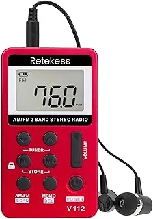 Retekess V112 Kieszonkowy Radio,Małe Radio Przenośne AM FM ze Słuchawkami, Pomiar Czasu Snu, Akumulator,do Chodzenia Joggingu（Czerwony）
