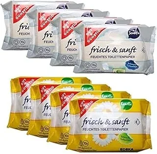 Dobra jakość i przystępność: 8 sztuk (560 arkuszy) mokrego papieru toaletowego, 4 opakowania rumianku, 4 opakowania wrażliwe