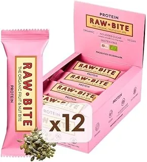 RAWBITE Bio batonik owocowo-orzechowy białko w pudełku 12 szt. – wegański, bezglutenowy i bez laktozy – batonik energetyczny bio w dużym opakowaniu – batonik owocowy z pestkami nerkowca, 12 sztuk (12