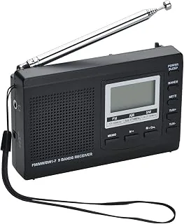 AM/FM / SW1-7 przenośny 9-pasmowy odbiornik radiowy z głośnikami i słuchawkami, doskonały wyświetlacz czasu odbioru, alarm, timer snu, zasilanie bateryjne (1032-BK)