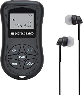 Radio kieszonkowe FM na baterie, COVVY mini radio stereo (60-108 MHz), przenośny odbiornik radiowy FM/z DSP, wyświetlacz LCD i słuchawki (107-BK)