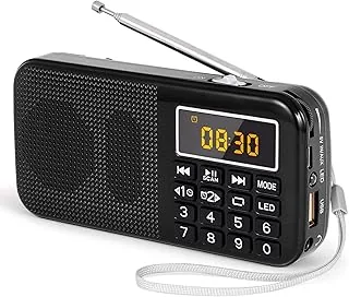 PRUNUS Przenośne radio J-725, stacja radiowa z akumulatorem o dużej pojemności (3000 mAh), małe radio FM z zegarem/alarmem i oświetleniem awaryjnym, obsługa MP3/SD/USB/AUX