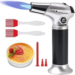 Flintronic palnik kuchenny, palnik gazowy na butan, z zamkiem zabezpieczającym i 2 silikonowymi szczotkami, do Creme Brulee, grilla, gotowania, BBQ, na kemping (butan nie wchodzi w zakres dostawy), srebrny
