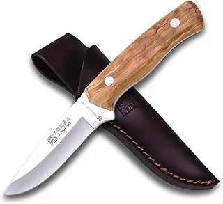 Joker Bushcraft nóż Arrui 10" CO60, nóż survivalowy z ostrzem 10 cm, uchwyt z drewna oliwkowego, nóż do paska z brązową skórzaną pochwą, narzędzie do wędkowania, polowania, na kemping i wędrówki