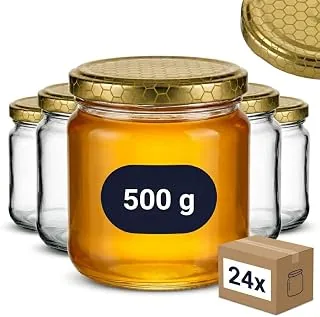 gouveo Zestaw 24 słoików na marmoladę 500 g "miód" z zakrętką plaster miodu - puste słoiki z zamknięciem gwintowanym TO82 mm - słoiki na marmoladę, słoiki na przetwory, słoiki na przyprawy, słoiki na weki
