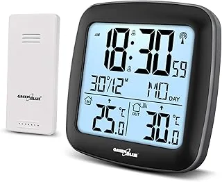 Green Blue GB542 Stacja Pogodowa z Czujnikiem Zewnętrznym, DCF, Stacja Pogody Posiada Funkcję Temperatury Wewnętrznej i Zewnętrznej, Kalendarza, Alarmu, Termometru, Radiowa Stacja Pogody Czarna
