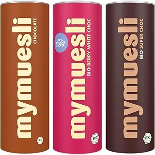 mymuesli 3 x zestaw próbny do musli czekoladowych z musli Super-Choc (575 g), Berry-White-Choc (575 g) i czekoladowym musli (575 g) – 100% bio musli