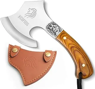 NedFoss Warthog siekiera kempingowa, 22 cm, mała siekiera outdoorowa ze skórzaną pochwą, mini z drewnianym uchwytem, survival, Wikingowie w pudełku prezentowym