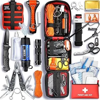 WONCROW ® Zestaw survivalowy + zestaw pierwszej pomocy, słomka z filtrem wody, wyposażenie outdoorowe, akcesoria na kemping, wędrówki, rower, do plecaka, apteczki, gadżety dla mężczyzn i dzieci