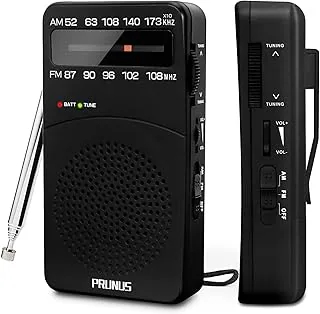PRUNUS J-166 kieszonkowy tranzystor, małe radio przenośne AM FM, radio zasilane bateriami ze światłem strojenia, tylny klips, doskonały odbiór do użytku na zewnątrz, wewnątrz i w sytuacjach awaryjnych