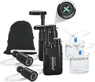 Purewell Pompa do oczyszczania wody z wymiennym filtrem węglowym 0,01 mikrona, 4 stopnie filtra, przenośny sprzęt ratunkowy i survivalowy, kemping, wędrówki, wędrówki z plecakiem