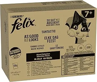 FELIX Tak dobrze jak wygląda mokra karma dla kotów Senior w galaretce, mieszanka odmian, opakowanie 120 sztuk (120 x 85 g) wołowina, łosoś, kurczak, tuńczyk