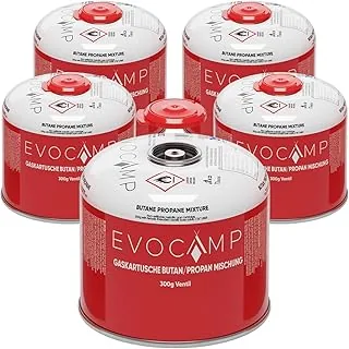 EVOCAMP 5X Wkłady gazowe butanowe 300g, Kartuszy gazowe gwint Euro zawór 7/16, Kartusz butan gaz z zaworem 539ml z bezpieczną blokadą bezpieczeństwa, Automatyczna migawka, Naboje gazowe kartusze