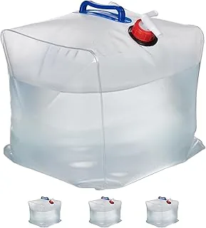 Relaxdays Kanister na wodę, zestaw 4 sztuk, 20 l, składany, kranik, uchwyty, kanister kempingowy, tworzywo sztuczne bez BPA, przezroczyste