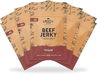 Grizzly Foods • Beef Jerky Teriyaki (10 x 100 g) • suszone mięso niemieckiego bydła • przekąska o wysokiej zawartości białka • idealna w podróży, do biura, uprawiania sportu