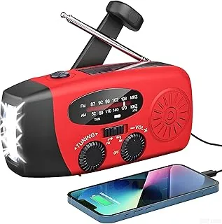 Awaryjne radio solarne, samodzielne radio korbowe z latarką LED, alarm SOS, AM/FM, radio z akumulatorem 2000 mAh, do awaryjnego ładowania smartfona