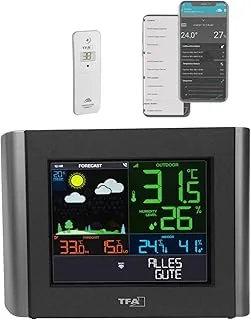 TFA Dostmann Meteo stacja pogodowa WLAN, 35.8000.01, profesjonalna prognoza pogody, bezpłatna aplikacja do podglądu, regulowane alarmy, punkt rosy, wskaźnik temperatury, czarna, (dł.) 197 x (szer.) 32