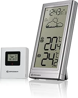 Bresser Bezprzewodowa stacja pogodowa z czujnikiem zewnętrznym Meteo Temp, termometr z wyświetlaczem temperatury do użytku wewnątrz i na zewnątrz, prognoza pogody, z rozkładaną podstawką i uchwytem ściennym, srebrna