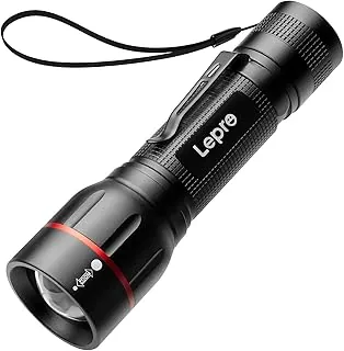 Lepro Latarka LED, wyjątkowo jasne mini latarki LE2050 z klipsem, latarka kempingowa na baterie z możliwością powiększania, z 5 trybami, wodoodporna latarka do użytku na zewnątrz, pieszych wędrówek, prezentów, sytuacji awaryjnych Czarny