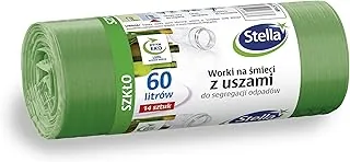 Stella worki na śmieci z uszami, do segregacji odpadów SZKŁO, 60 l,14 sztuk, do domu i biura z grubej folii LDPE Kolor: zielony