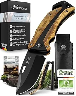 BERGKVIST K30 Tiger nóż składany (oburęczny) z drewnianą rękojeścią - 3 w 1 outdoorowy nóż kieszonkowy z tłuczkiem do szkła i przecinakiem do pasów dla survivalu, myślistwa i campingu