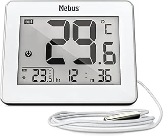 Mebus termometr cyfrowy z przewodowym czujnikiem zewnętrznym mierzy temperaturę wewnątrz i na zewnątrz, czas, min/max wartości, metalowa rama obudowy, kolor: biały, model: 01074