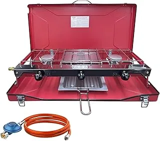 CAMPLUX JK-5330-DE kuchenka kempingowa z 3 palnikami z pokrywką, 4,5 kW, kuchenka gazowa z regulatorem gazu 50 mbar, butan/propan, wiatroszczelna