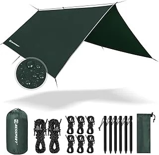 Bessport Plandeka namiotowa, plandeka namiotowa 3 m x 3 m/3 m x 4 m wodoodporna PU3000 mm do hamaka, plandeka z oczkami i 6 aluminiowymi słupkami i 8 nylonowymi linami, anty-UV, nadaje się na kemping