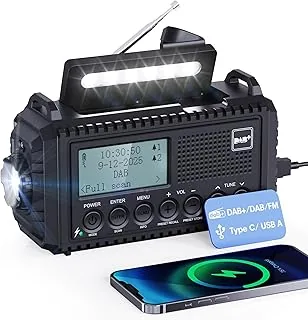 Dab Wind Up Radio, 5000 mAh, zasilane energią słoneczną, radio awaryjne z alarmem SOS, radio korbowe z ładowarką USB, przenośne radio Dab z latarką, gniazdem słuchawkowym i budzikiem, na kemping