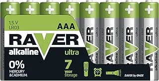 Raver by EMOS – Ultra alkaliczne baterie AAA – 1,5 V, LR03 – temperatura robocza od -20°C do +60°C – maks. pojemność 7 lat – do pilotów, zegarków, budzików – 8 sztuk w opakowaniu zapasowym
