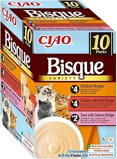 INABA CIAO Bisque z kurczaka i tuńczyka z łososiem, mokra karma dla kotów - pyszny krem - 10 worków x 40 g - uzupełniająca karma dla kotów bez konserwantów i sztucznych barwników, bez ziarna