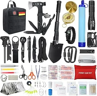 Zestaw przetrwania na świeżym powietrzu apteczką pierwszej pomocy, 180PCS sprzęt przetrwania z filtrem wody słomka wielofunkcyjna siekiera młotkowa, prezenty dla mężczyzn kemping/przygoda