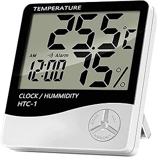 Retoo Cyfrowy biały termometr wewnętrzny z higrometrem i budzikiem zegar z miernikiem temperatury i wilgotności powietrza pomiar stopni Celsjusza Fahrenheita precyzyjne wartości pomiarowe