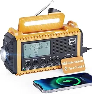 Radio Korbowe DAB/FM z Akumulatorem 5000 mAh, Przenośne Radio Solarne z Latarką LED i Światłem do Czytania, DAB+ Budowlane IPX4, Awaryjne i Alarm SOS - Na Wędrówki, Kemping