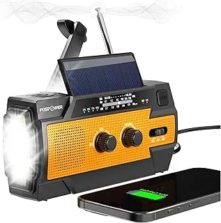 FosPower Przenośne radio 4000 mAh (model A3) solarne / na korbę ręczną / zasilanie bateryjne, zewnętrzny akumulator z portem ładowania USB, SOS i latarką kieszonkową LED do wędrówek, pomarańczowy
