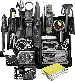 FINIBO Zestaw survivalowy 21 w 1, wyposażenie outdoorowe, zestaw awaryjny z kompasem, latarka taktyczna i inne akcesoria, na kemping, do bushcraftu, wędrówek, polowań, przygód, czarny, 20,6 x 12,8 x