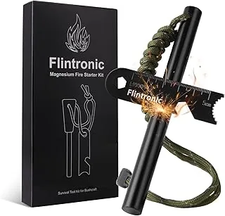 Flintronic Krzesiwo z ręcznie wykonanym uchwytem, zestaw survivalowy, wodoodporny rozrusznik magnezowy, z gwizdkiem, teleskopowa rura dmuchająca, skrobak ze skalą