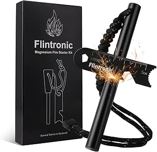 flintronic Krzesiwo z ręcznie wykonanym uchwytem, zestaw survivalowy z krzesiwem, wodoodporny rozrusznik magnezowy, z gwizdkiem, teleskopowa rura dmuchająca, skrobak ze skalą, na kemping/wędrówki/na