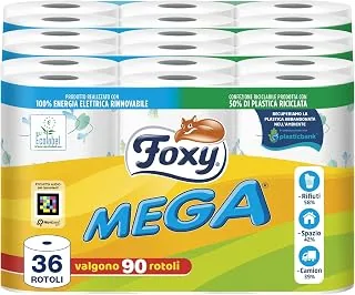 Foxy Mega papier toaletowy 36 rolek | 480 arkuszy | ozdobiony | 100% energii odnawialnej | Opakowanie z tworzywa sztucznego pochodzącego z recyklingu