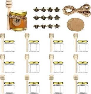 12 sztuk sześciokątnych mini słoików na miód 45 ml słoiki na dżem ze złotymi pokrywkami, drewniane łyżki, etykiety z papieru typu kraft, zawieszki do pszczół, juta, na prezenty i prezenty