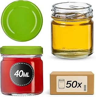 KADAX Zestaw 50 szt. mini słoików 40 ml z zieloną zakrętką 43 mm, szkło przezroczyste, na przyprawy, miód, dżemy